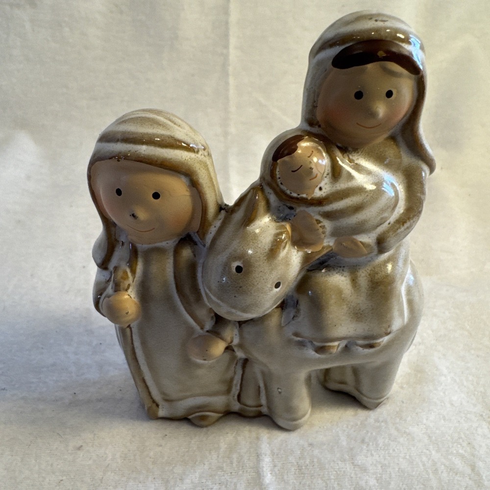 Holy Family Stoneware‎ Figurine Christmas Joseph Mary & Jesus Riding Donkey 4"